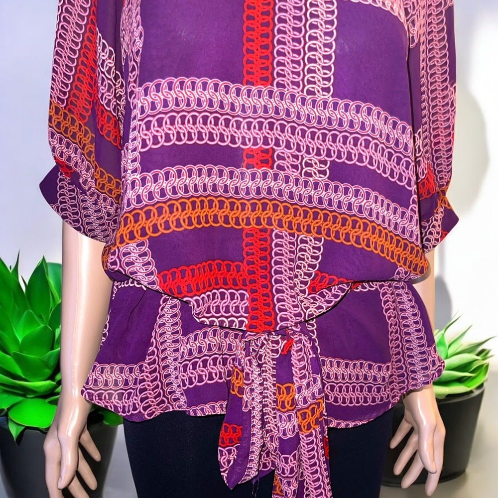 New York & Company Printed Dolman-Sleeve Keyhole Neck Waist Tie Blouse - Picture 9 of 15